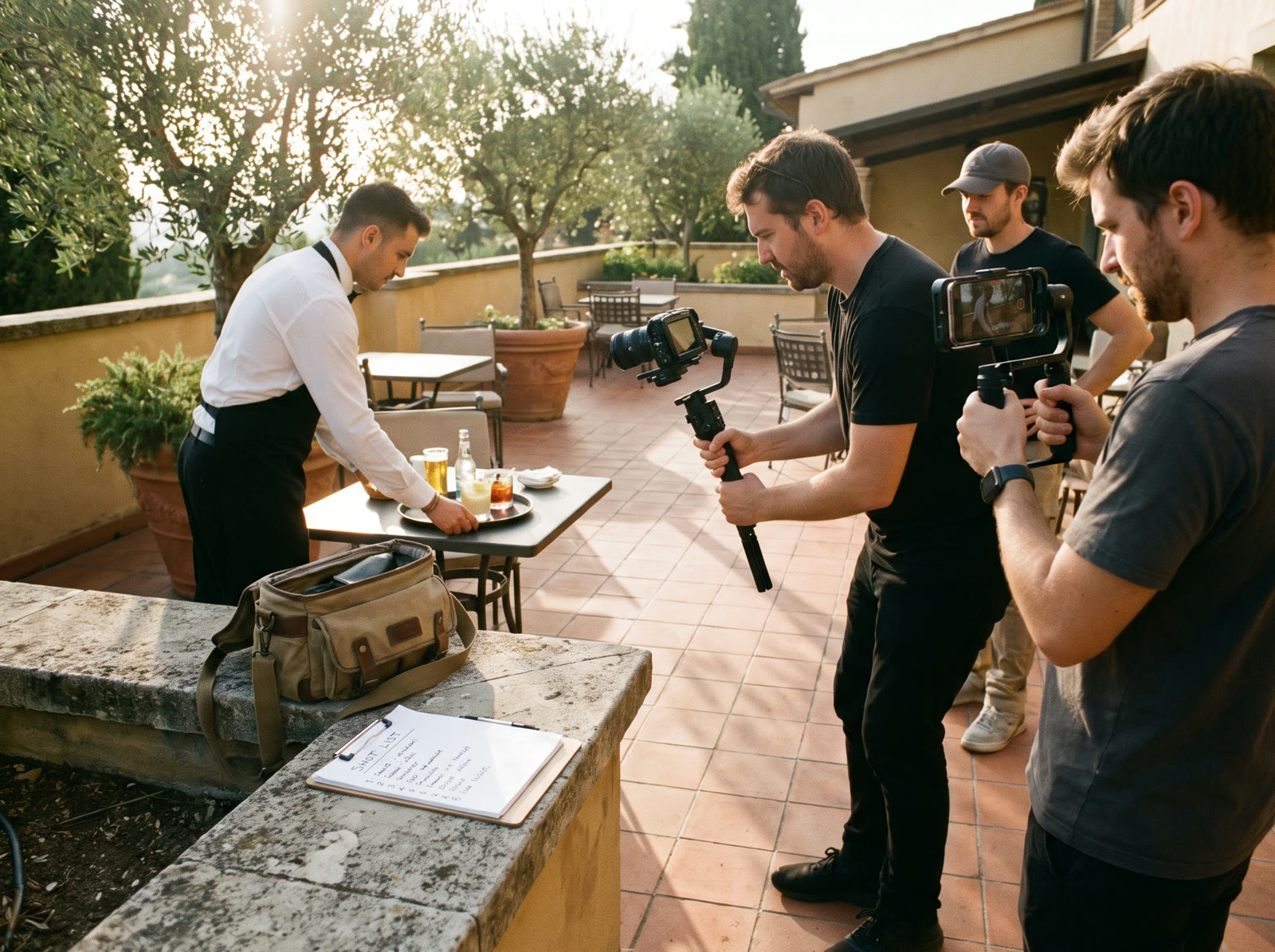 Two crew members filming the same moment on a hotel terrace, one on a gimbal camera and one vertical on a phone rig