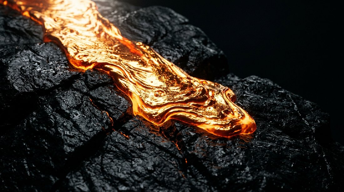 Molten gold running through black rock.