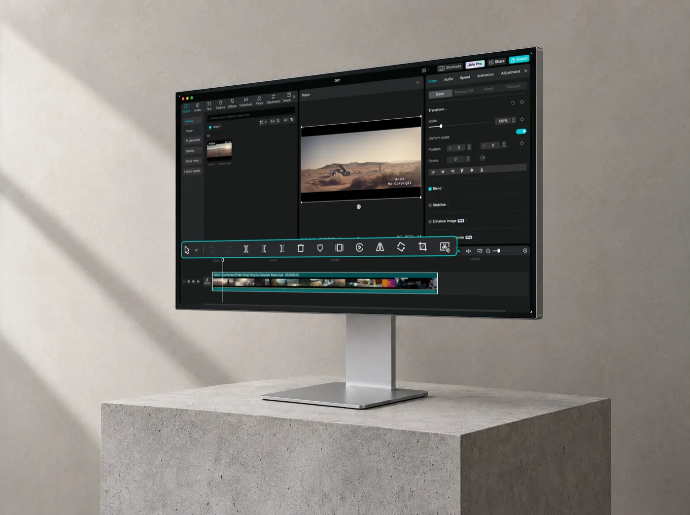 An edit in progress on a monitor standing on a concrete plinth