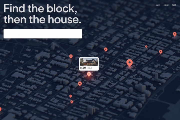 Atlas Homes concept: property search on a 3D city map
