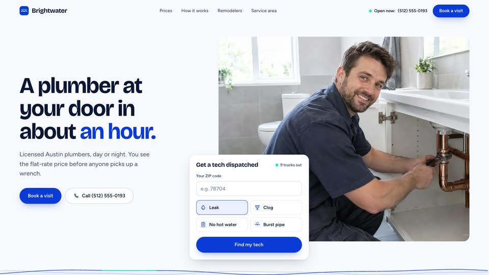 Brightwater Plumbing concept: live dispatch with ETA and flat-rate price