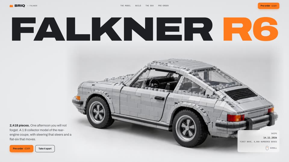 BRIQ × Falkner R6 concept: a collector brick car that explodes into parts on scroll
