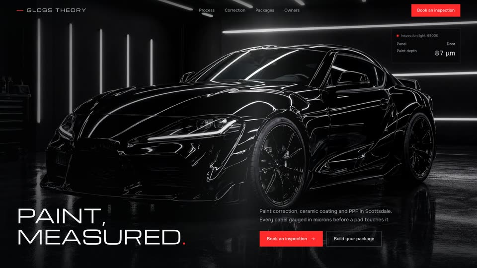 Gloss Theory concept: paint correction studio with a moving inspection light