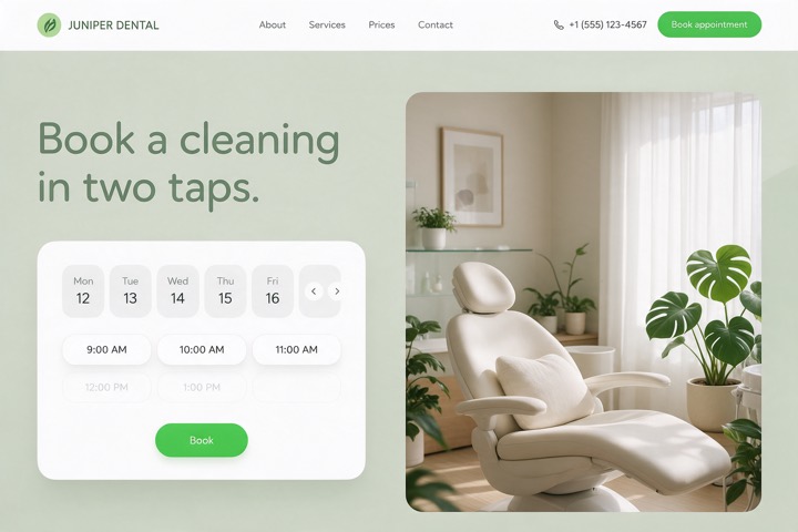 Juniper Dental concept: two-tap booking widget