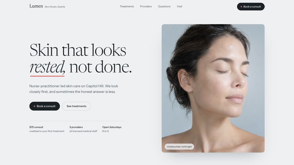 Lumen Skin Studio concept: treatment menu filtered by concern with booking