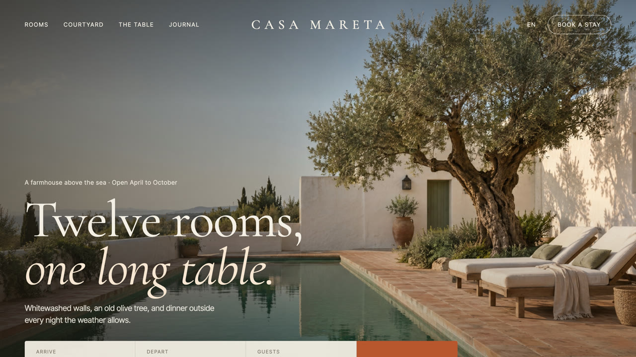 Casa Mareta concept: a boutique hotel homepage with a booking bar over a courtyard pool