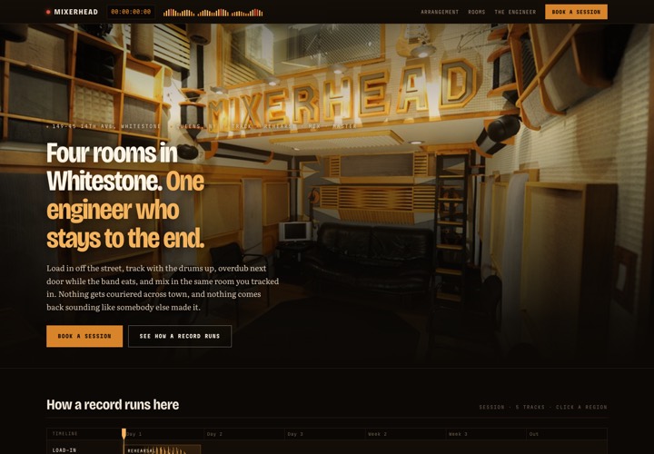 Mixerhead Studios homepage: four rooms in Whitestone.
