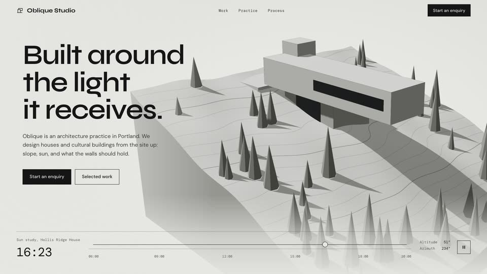 Oblique Studio concept: a 3D house model with a time of day sun slider