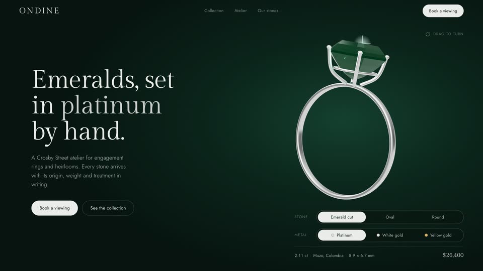 Ondine concept: a real-time 3D emerald ring you can turn and configure