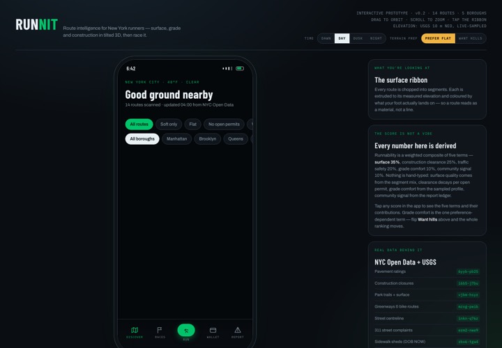 Runnit app prototype: route discovery for New York runners.