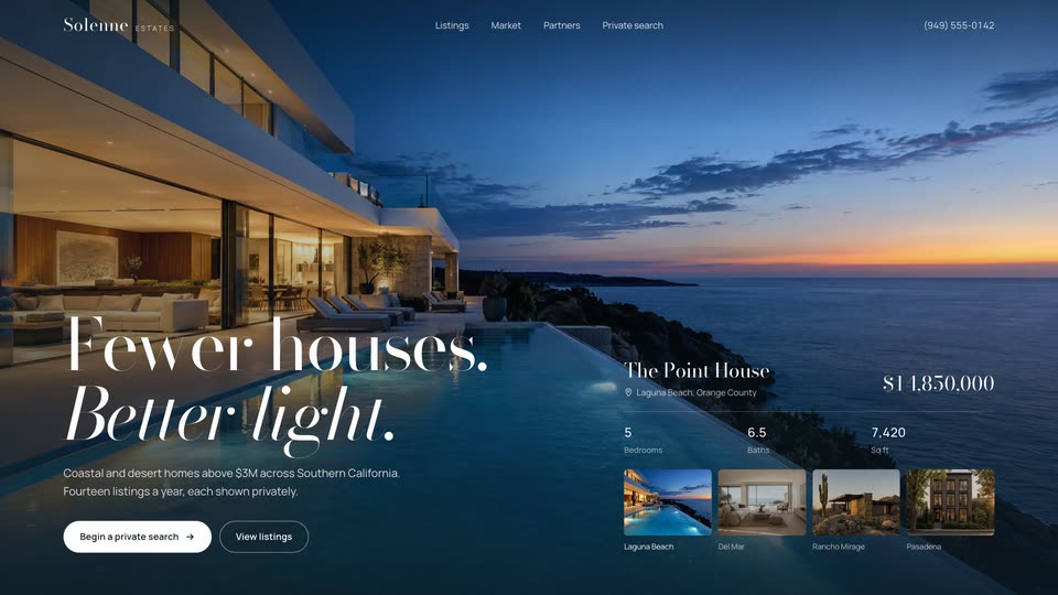 Solenne Estates concept: luxury homes with a listing rail that swaps the hero